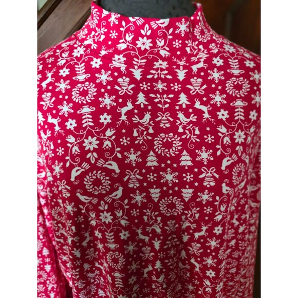 Lands End Womens 1X Mock Neck Long Sleeve Red & White Christmas Print Top - Picture 2 of 7